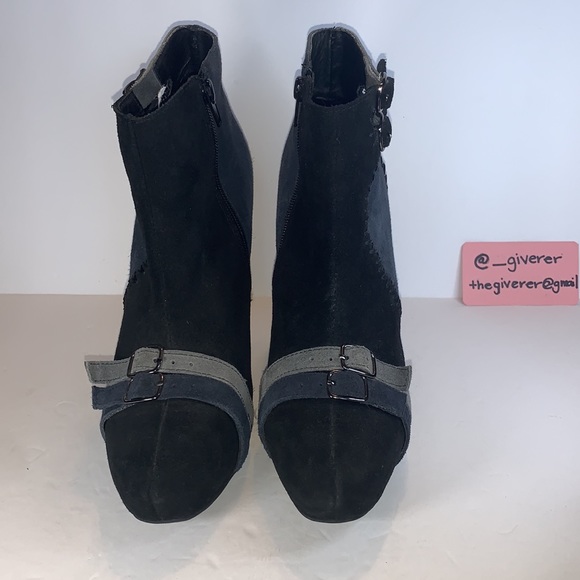 Restricted Suede Black & Blue Patchwork Wedge Buckle Booties - Picture 5 of 16